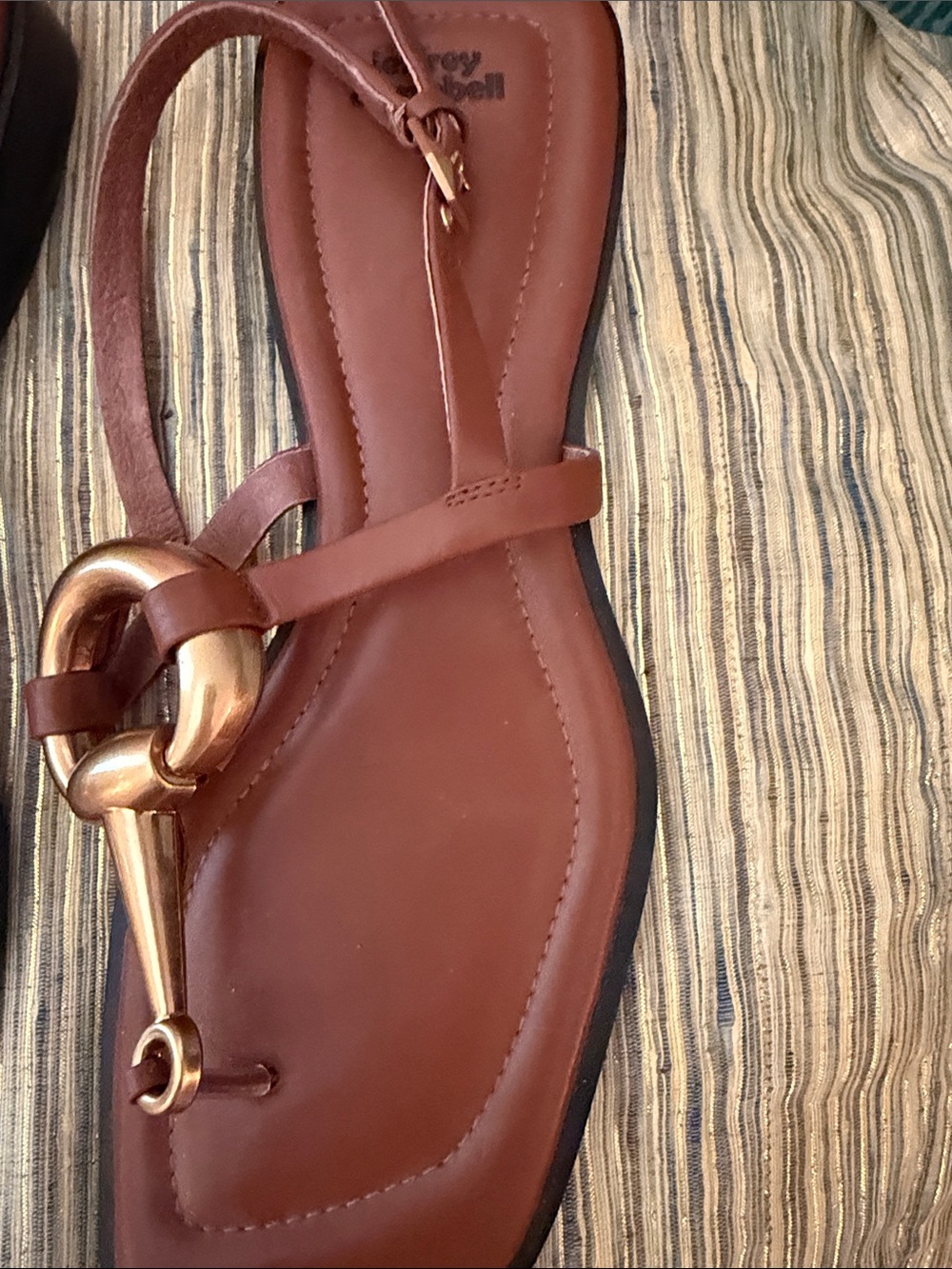 Jeffrey Campbell Brown Leather T-Strap Sandals with Gold Horsebit Accent - Picture 7 of 10